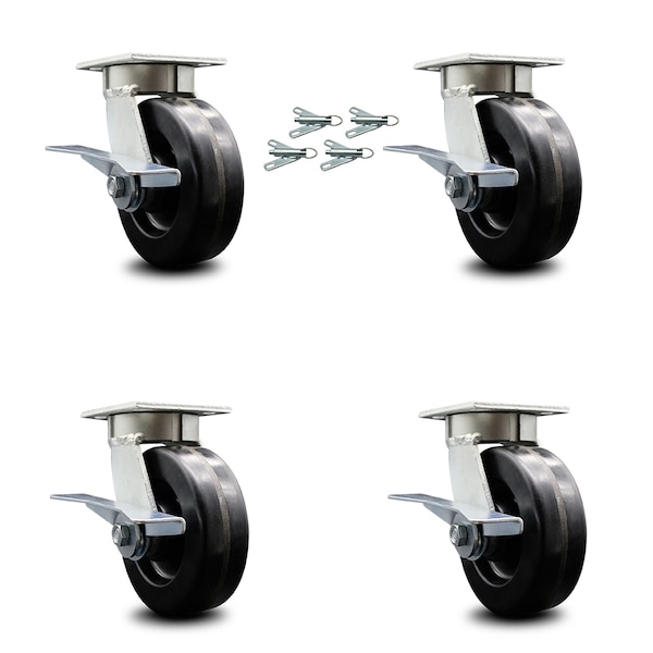 6 Inch Kingpinless Phenolic Wheel Swivel Caster Set with Brakes and Swivel Locks